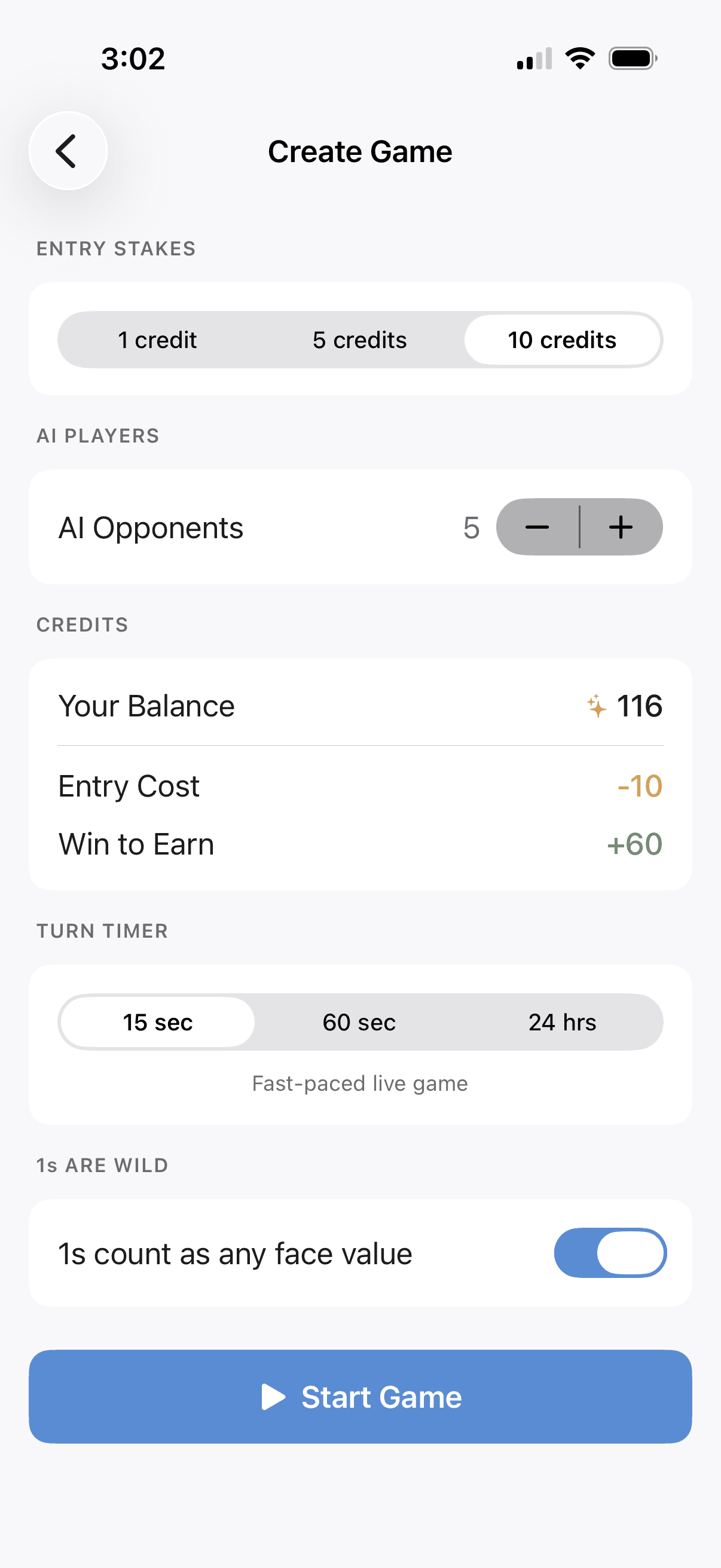 LiarsDice.ai create game screen
