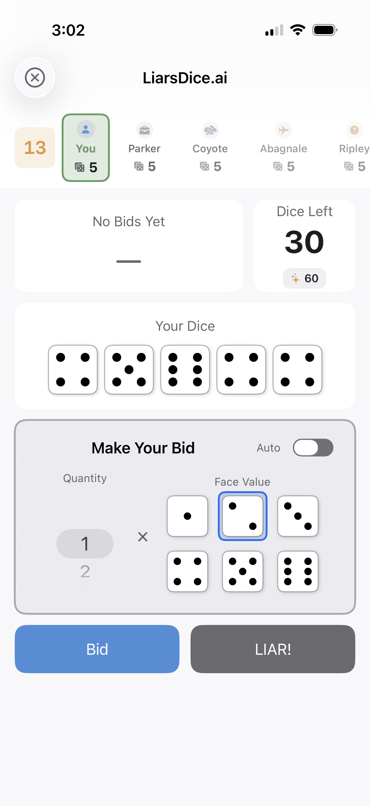 LiarsDice.ai gameplay screen