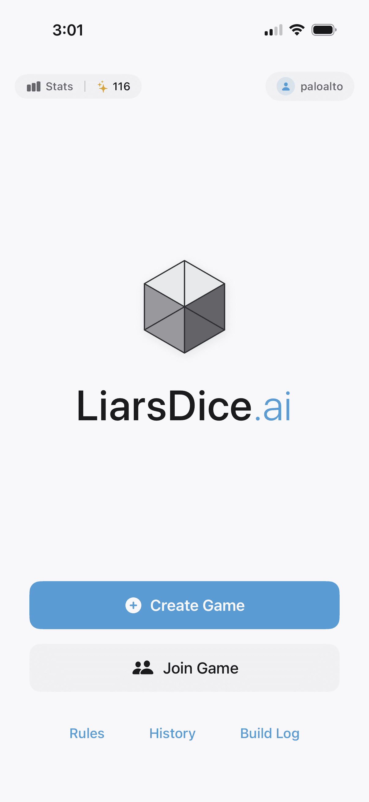 LiarsDice.ai home screen
