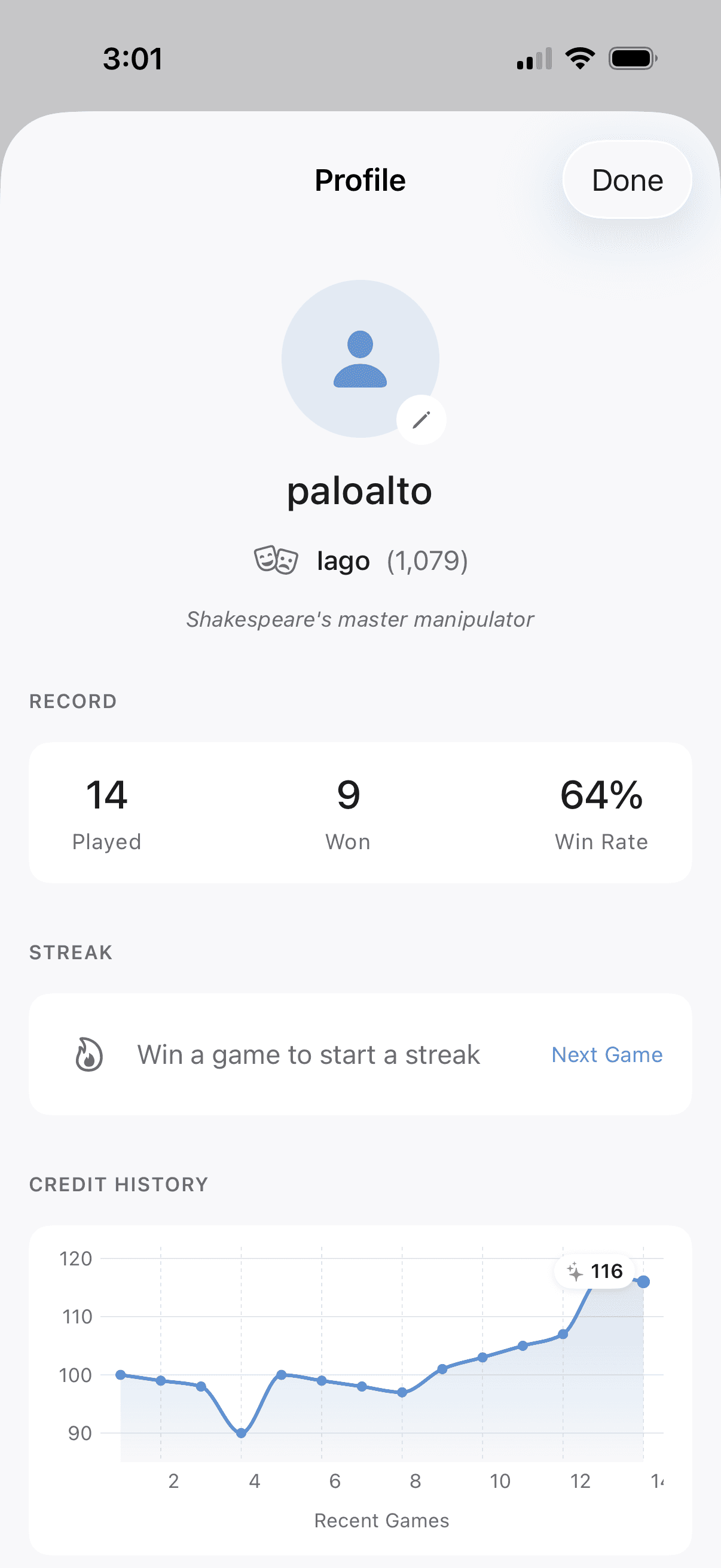LiarsDice.ai profile screen